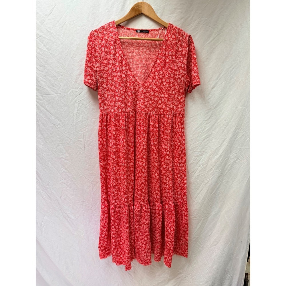 Zara Red Floral Tiered Midi Dress V-Neck Short Sleeve Ditsy Print Womens Small